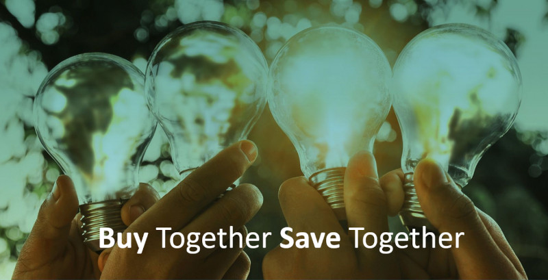 People holding lightbulbs with writing 'Buy together Save together'